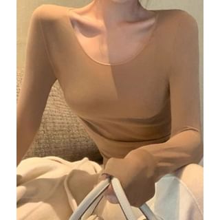 Trendycas-Long-Sleeve U-Neck Plain Top