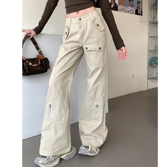 Duwnie-Mid Waist Plain Flared Cargo Jeans