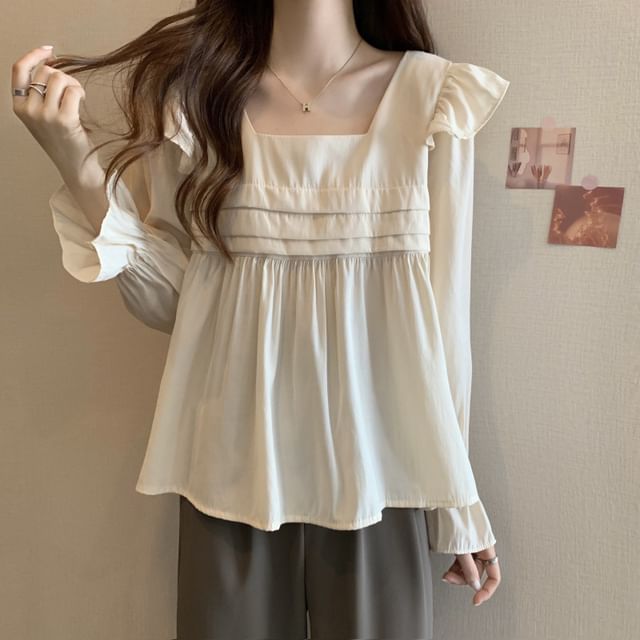 Sisyphi-Ruffle Long Sleeve Square Neck Plain Blouse