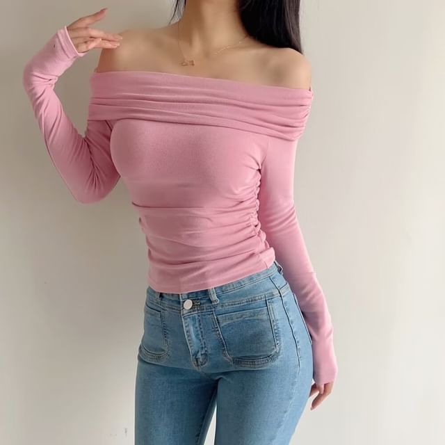 Faiar-Long-Sleeve Off Shoulder Plain Top