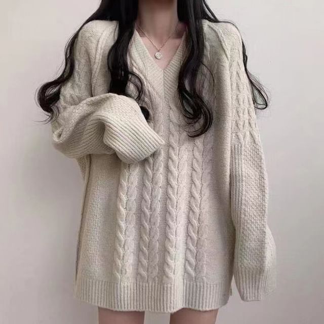 Sienne-V-Neck Plain Cable-Knit Oversized Sweater