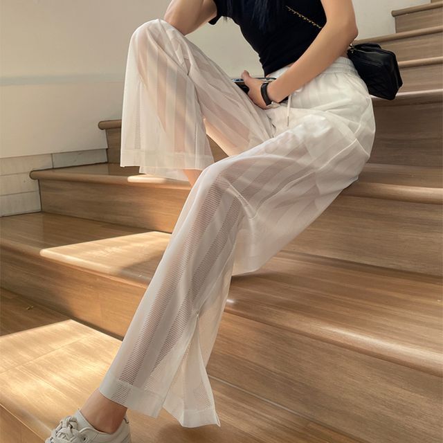 Everose-Drawstring Waist Plain Slit Mesh Straight Leg Pants
