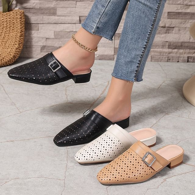 Cinnabelle-Low Heel Plain Cutout Mules