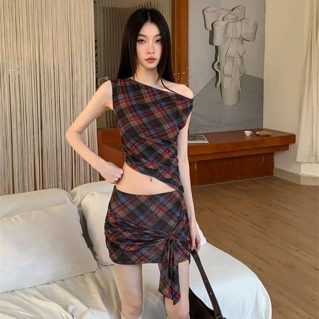 haruokiea-Débardeur asymétrique plaid crop en maille Mini-jupe crayon taille basse à nœud