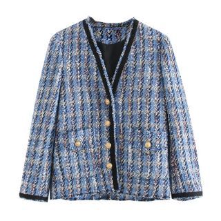 Sacai Frayed-trim Double-breasted Tweed Jacket