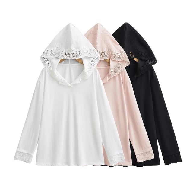 Asiris-Lace Trim Plain Hoodie