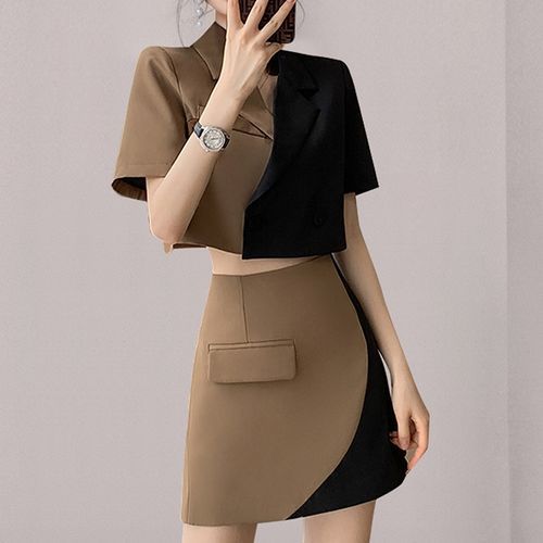 Kevina - Set: Short-Sleeve Two-Tone Crop Jacket + Mini Skirt | YesStyle