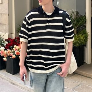Lingaris-Elbow-Sleeve Collared Striped Knit Top