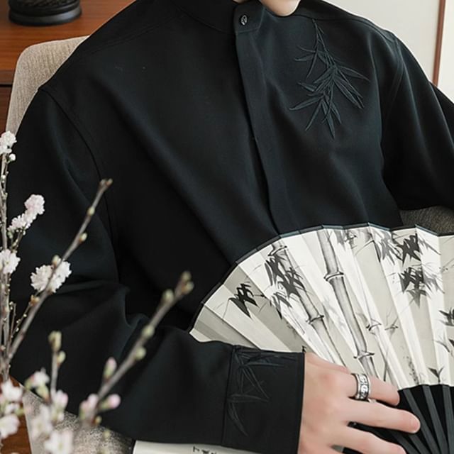 CHIC ERRO-Long-Sleeve Stand Collar Plain Shirt