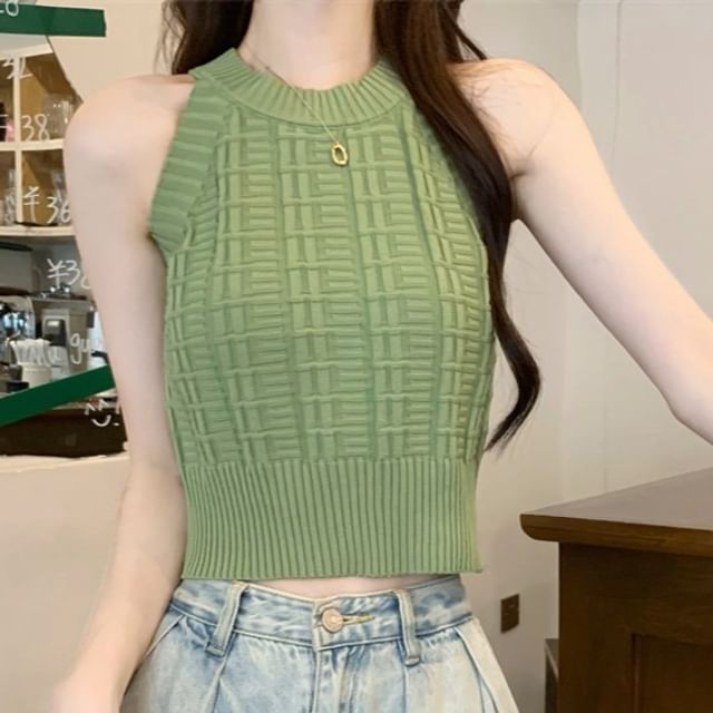 Allinya-Sleeveless Round Neck Plain Crop Knit Top