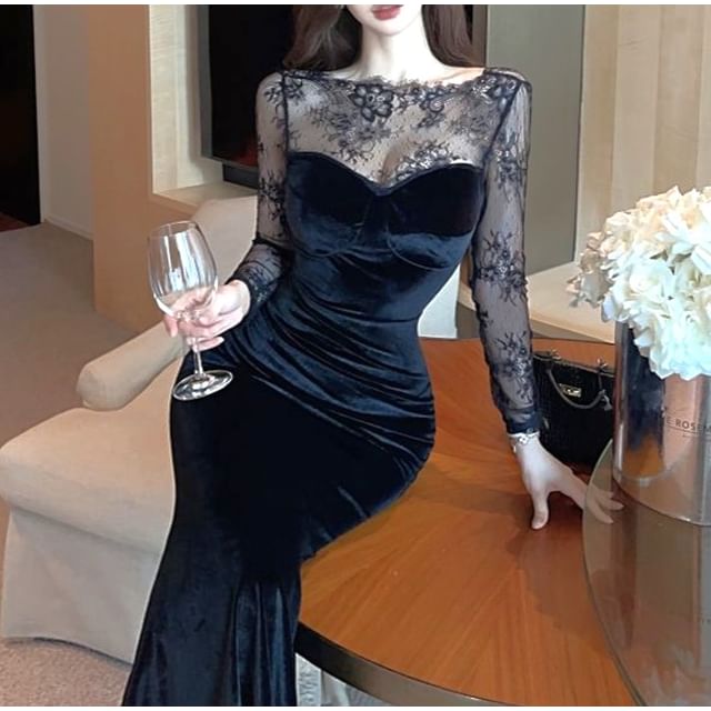 Shinsei - Long Sleeve Round Neck Lace Panel Velvet Bodycon Maxi Dress | YesStyle Shinsei - Long Sleeve Round Neck Lace Panel Velvet Bodycon Maxi Dress | YesStyle