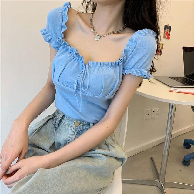 Cossita-Puff-Sleeve Square Neck Plain Lettuce Edge Tee