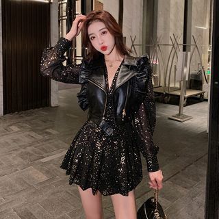Yilda Frill Trim Faux Leather Vest / Long-Sleeve Glitter Pleated Mini A-Line Dress