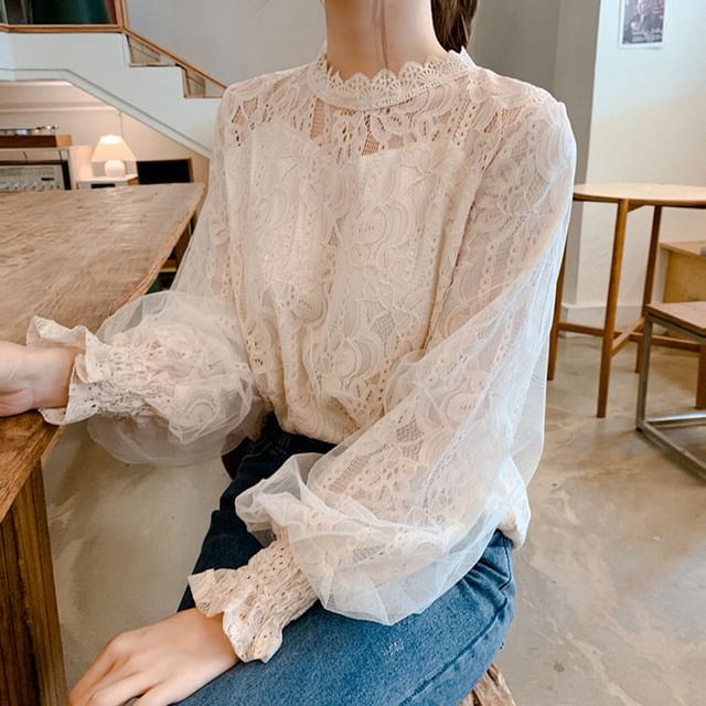 HYAKU-Long Sleeve High Neck Lace Blouse