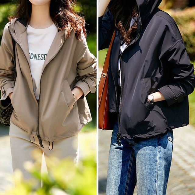 Supernova-Plain Hooded Drawstring Hem Zip-Up Jacket