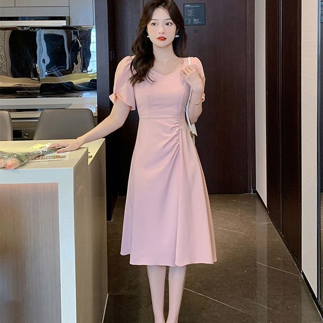 Everose-Short-Sleeve Plain Midi A-Line Dress