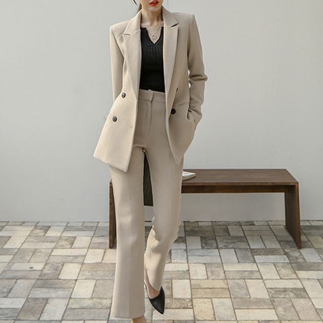 Lewwe-Set Double Breasted Plain Blazer High Waist Flared Suit Pants