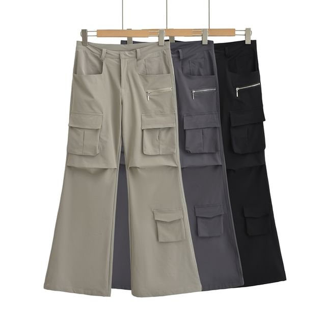 Ulark-High Waist Plain Zipped Flared Cargo Pants