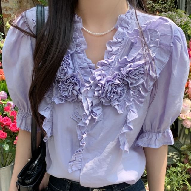 monroll-Short-Sleeve V-Neck Ruffle Plain Blouse