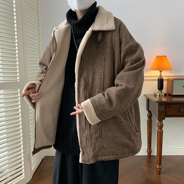 Plummie-Collared Plain Fleece Lined Corduroy Zip Up Coat