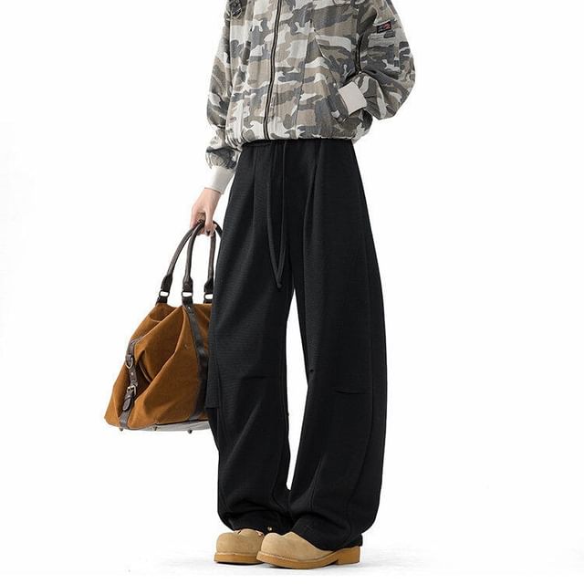 VEAZ-Drawstring Waist Plain Wide Leg Pants