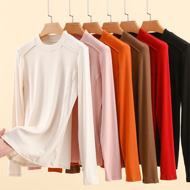 KUMI-Long-Sleeve Mock Neck Plain T-Shirt