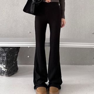 Fabricino-High Waist Plain Ribbed Flared Pants