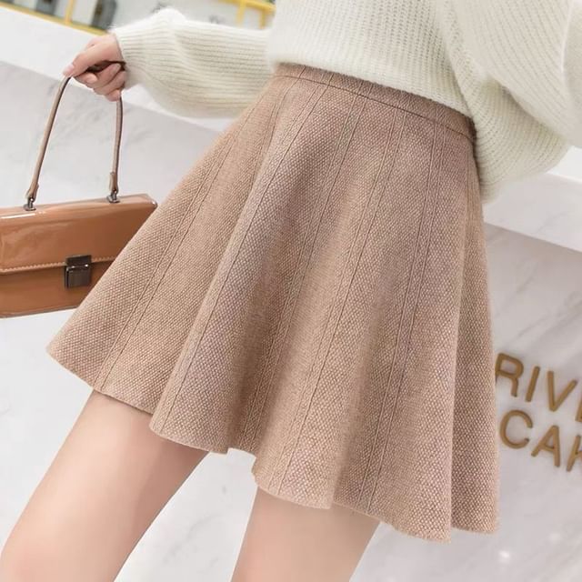 Sisyphi-High Rise Plain Knit Mini A-Line Skirt