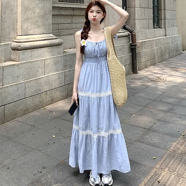 Beem-Spaghetti Strap Tiered Lace Panel Midi A-Line Sundress