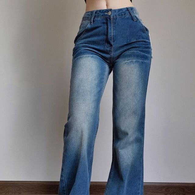 Saccharine-High Rise Washed Bootcut Jeans