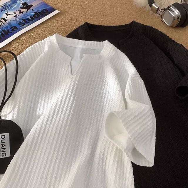 WidoWilder-Short-Sleeve Notch Neck Plain Ribbed T-Shirt