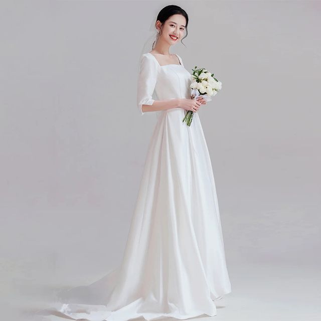square neck a line wedding dress with sleeves Designer Lace Half Sleeve Square Neck Destination Wedding Dress