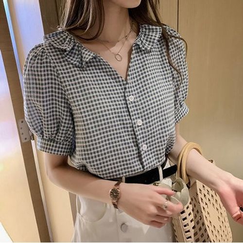 ROAM - Short-Sleeve Frill Trim Gingham Check Blouse | YesStyle