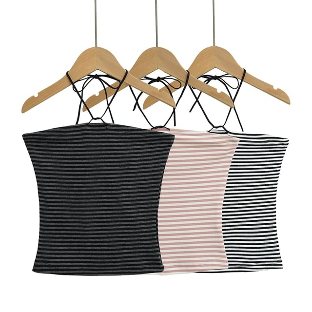 Ulark-Halter Neck Striped Slim Fit Crop Top