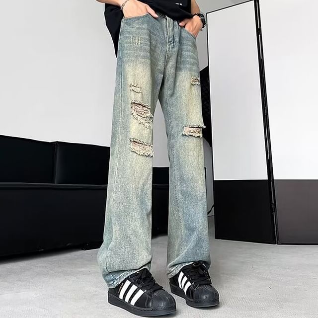 Ateso-Mid Rise Distressed Straight Leg Jeans