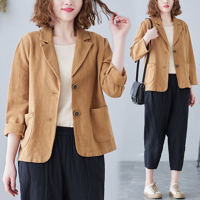 MIKIGA-Plain Pocket Detail Single-Breasted Jacket