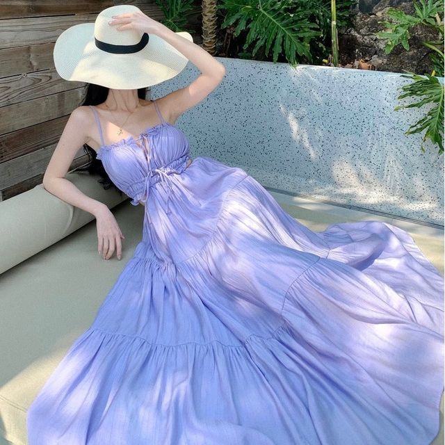 Faiar-Spaghetti Strap Plain Cutout Tiered Maxi A-Line Sundress