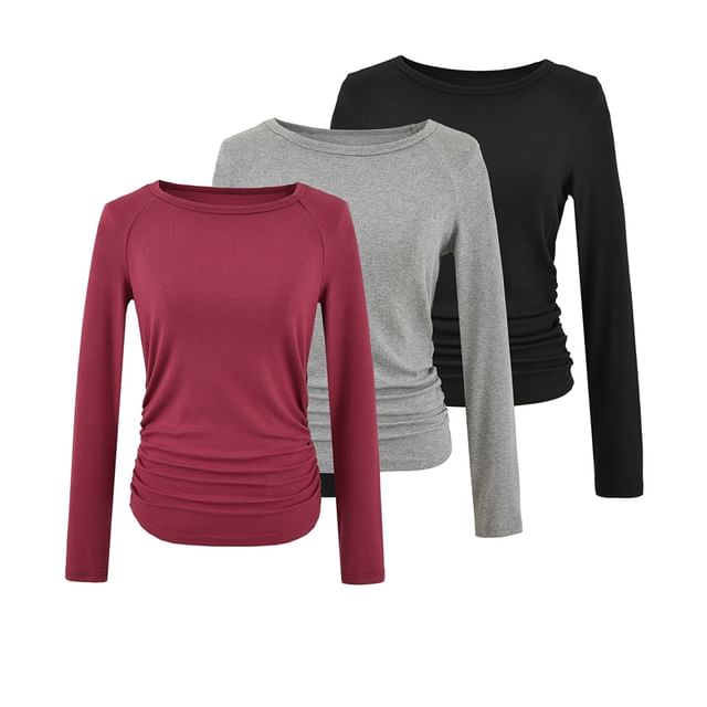 Ulark-Long-Sleeve Round Neck Ruched Slim Fit Tee
