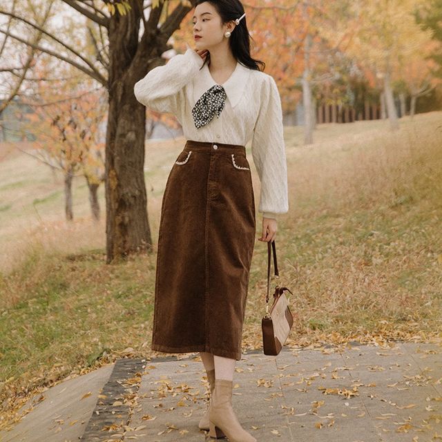 Midi Skirt Outfit Skirt And Sweatshirt Set Cream Crew Neck