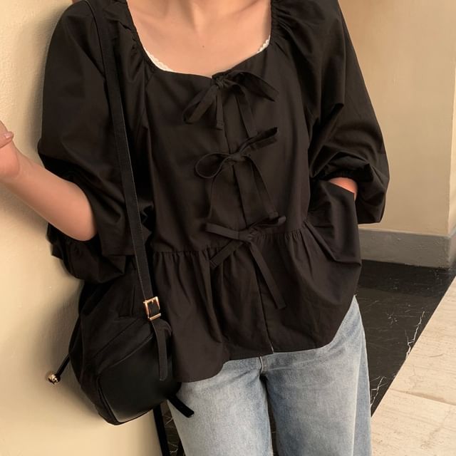 Coris-Long Sleeve Square Neck Plain Peplum Tie Front Blouse