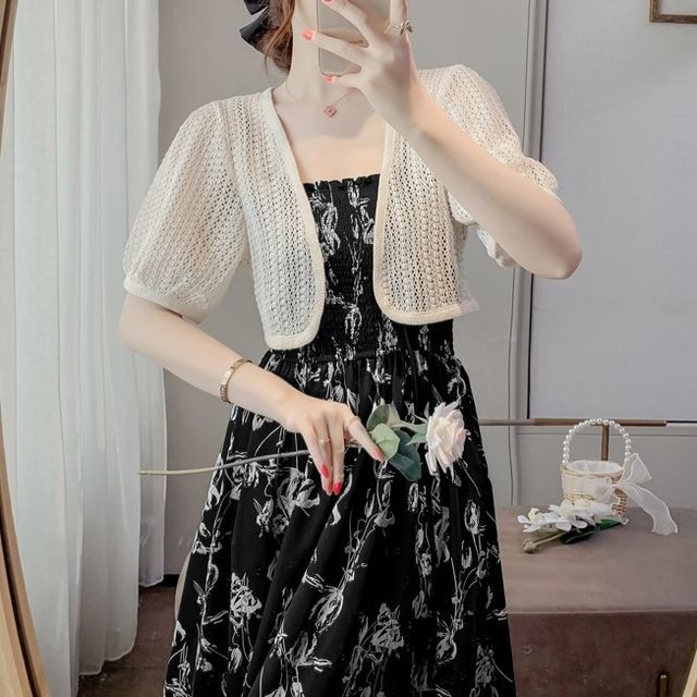 Isaaca - Short-Sleeve Open Front Cardigan / Spaghetti Strap Floral Print  Midi A-Line Dress | YesStyle