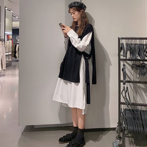 Plain Long-Sleeve Shift Dress / Side-Slit Knit Vest / Lace Open Front Jacket