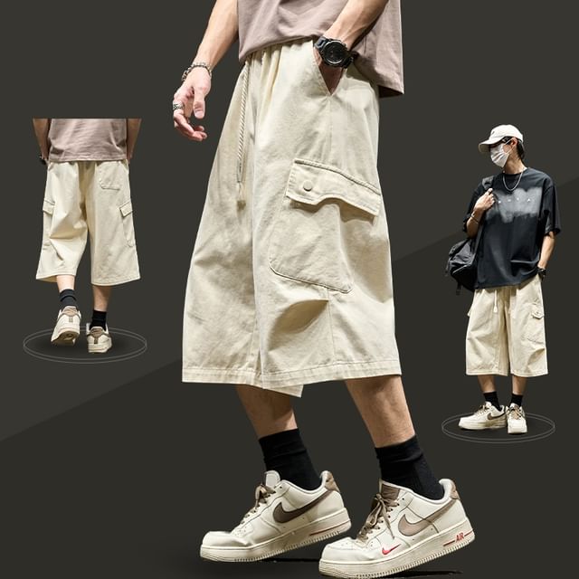 Redsinc-Drawstring Waist Plain Capri Wide Leg Cargo Pants