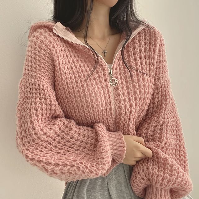 Rosesand - Long Sleeve Plain Crochet-Knit Hooded Zip-Up