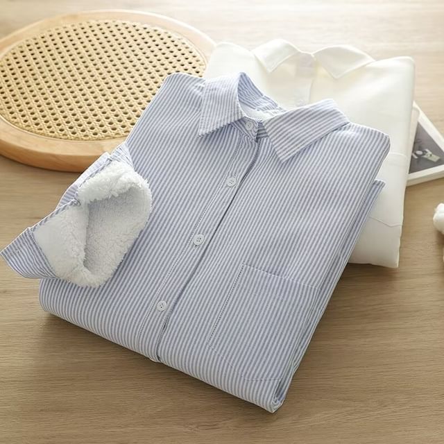 PANDAGO-Long-Sleeve Fleece-Lined Button-Up Shirt