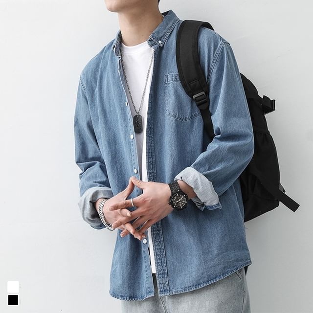 WidoWilder-Long-Sleeve Washed Button-Up Denim Shirt