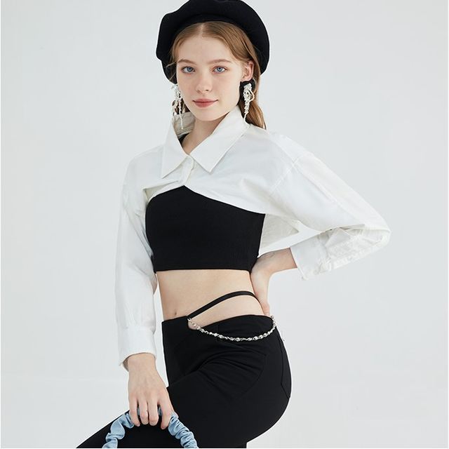 MISHI CLUB - Mock Two-Piece Long-Sleeve Two-Tone Crop Shirt | YesStyle