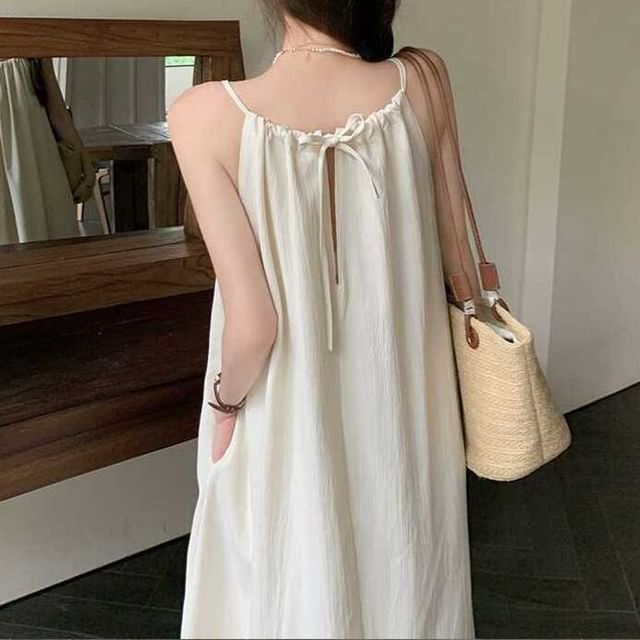 Yako-Spaghetti Strap Plain Tie Back Maxi A-Line Dress