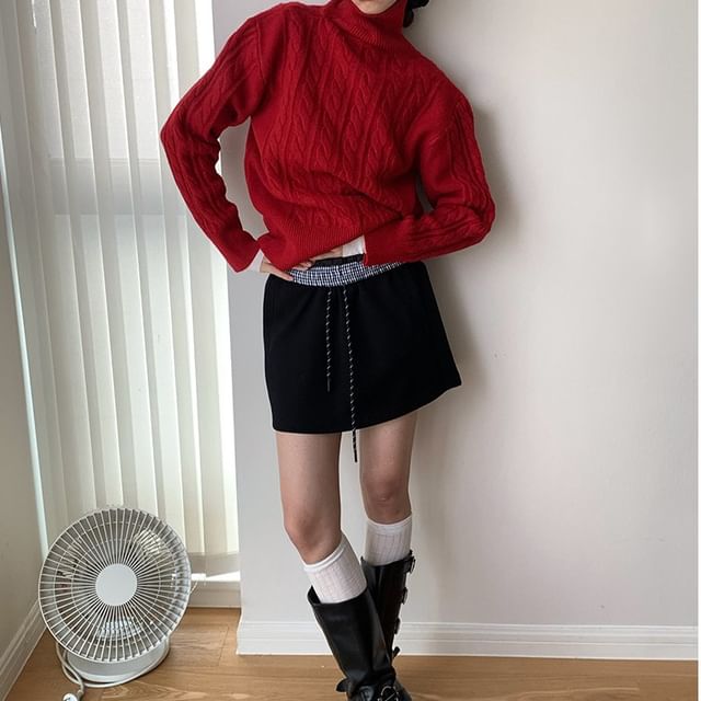 Striinkie-Turtleneck Plain Cable Knit Sweater