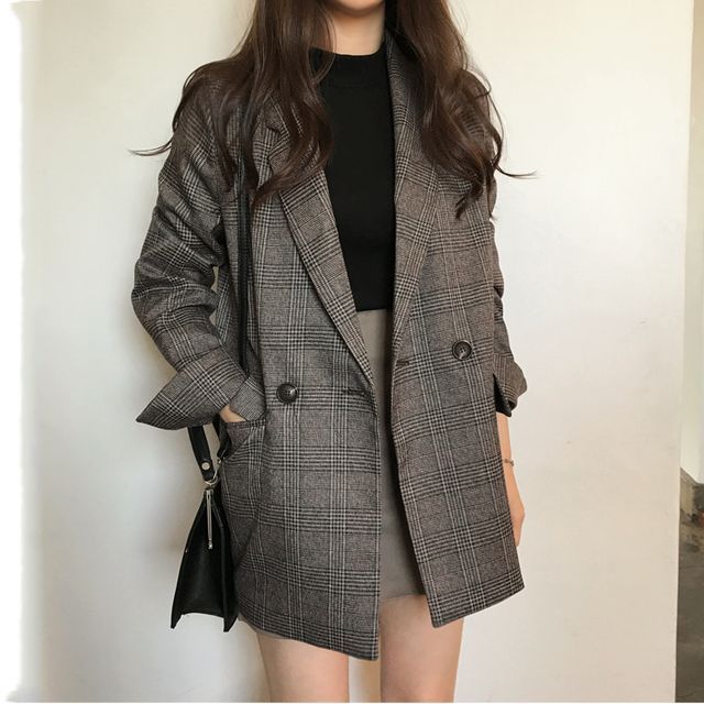 Maisee-Plaid Double-Breasted Blazer